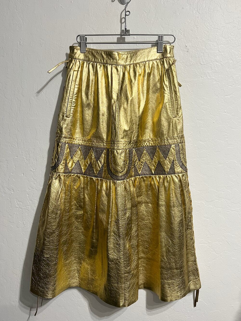 VTG Enrico Coveri Skirt Midi Gold Leather 80's 90's Avant Garde Statement Italy